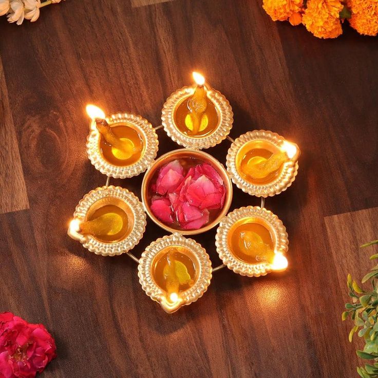 Antique Golden Brass Diya Set – 3 Pcs Decorative Oil Lamps with Central Flower Bowl | Diwali & Pooja Decoration
